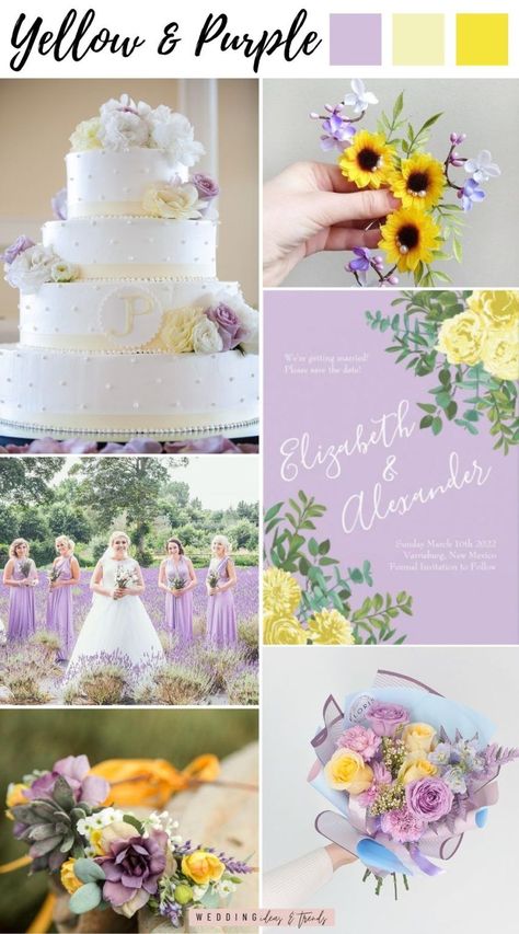 Purple and yellow wedding theme. The combination between purple shades as lavender or lilac and the bright yellow shades creates a soft blooming color combo that screams elegance and beauty. An ideal fresh color palette for an elegant spring & summer wedding. Yellow coordinates well with a variety of other colors, and will add pops of color to your big day. Check out 4 of the most vibrant pastel yellow color schemes for your summer wedding from yellow & blue, orange, and yellow & pink Pale Yellow And Purple Wedding, Purple And Yellow Wedding Palette, Pale Yellow And Lavender Wedding, Lilac And Pale Yellow Wedding, Lilac And Yellow Wedding Theme, Pastel Color Theme Wedding, Lavender And Yellow Wedding Theme, Blue Purple Yellow Wedding, Yellow And Purple Wedding Theme