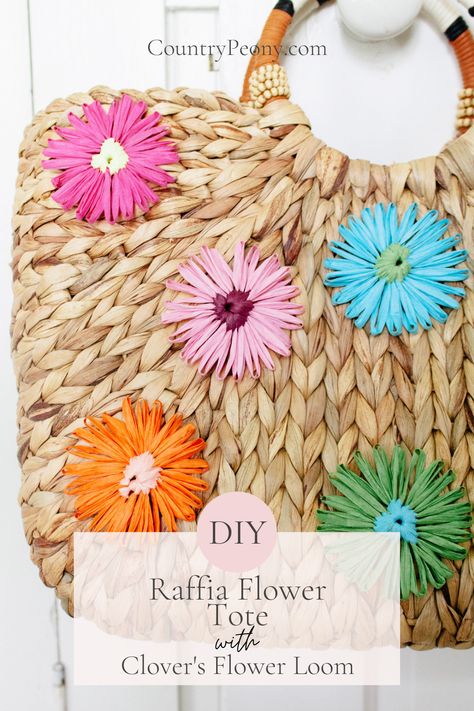 DIY Raffia Flower Tote Bag with Clover's Flower Loom — Country Peony Granny Kitchen, Raffia Jewelry, Raffia Flowers, Raffia Crafts, Couch Bag, Flower Loom, Flower Tote Bag, Unique Tote Bag, Picture Tutorial