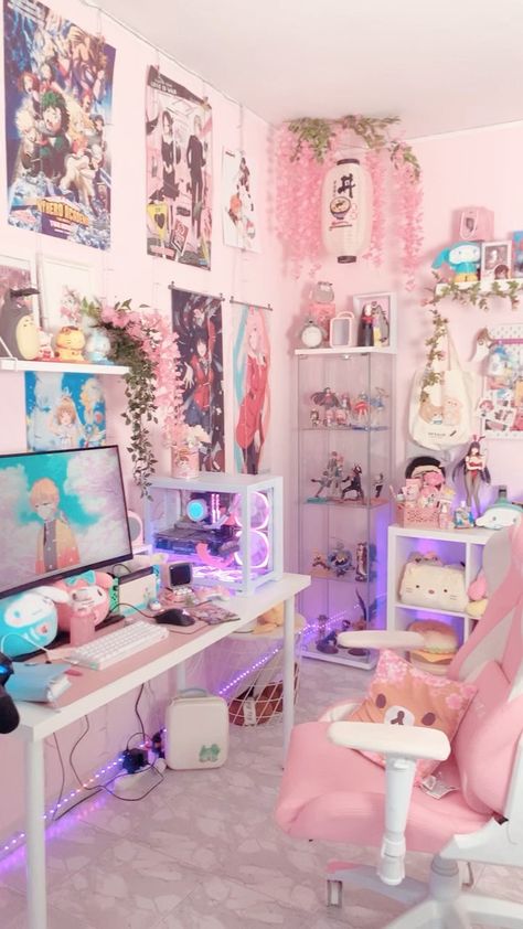 Nerdy Bedroom Aesthetic, Anime Room Tour, Nerdy Bedroom, Anime Room Ideas, Kawaii Room Ideas, Dream Bedrooms, Gamer Room Decor, Pink Office, Luna Moon