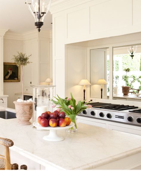 Mirror Above Stove, Kitchen Mirror Shelf, Floating Shelf With Mirror Kitchen, Mirror Behind Stove, No Window Over Kitchen Sink Mirror, Antique Mirror Behind Stove, Mirror Backsplash, Kitchen Stove, Interior Windows