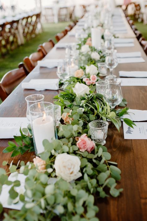 Wood Table Wedding Reception Garland Greenery Floral Pink Blush White Candles Classic Wedding Desert Rose Wedding Table Decor, Safe And Blush Wedding Decor, Blush Pink And Sage Green Wedding Reception, Blush Pink White Cream Sage Wedding, Pale Pink And Green Wedding, Pink And Green Wedding Table, White And Light Pink Wedding Flowers, Moss And Blush Wedding Theme, Moss And Blush Wedding