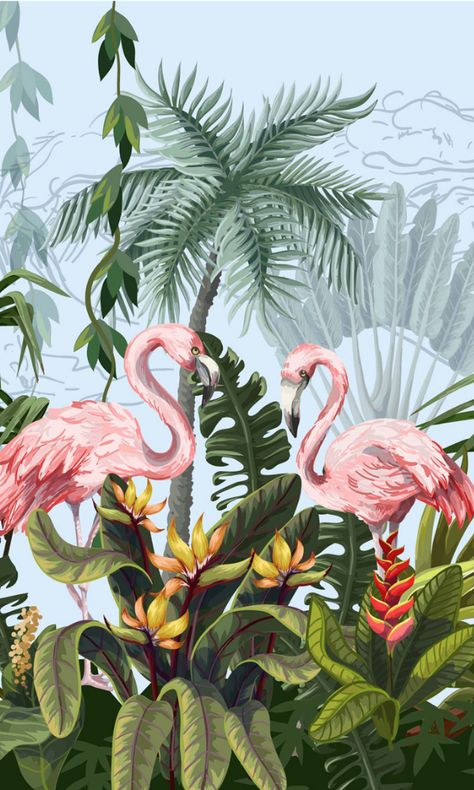 Pink Flamingo Wallpaper, Tropical Art Print, Flamingo Wall Art, Beautiful Gradient, Flamingo Wallpaper, Diwali Decoration Items, Flower Mural, Tropical Painting, Commercial Wallpaper