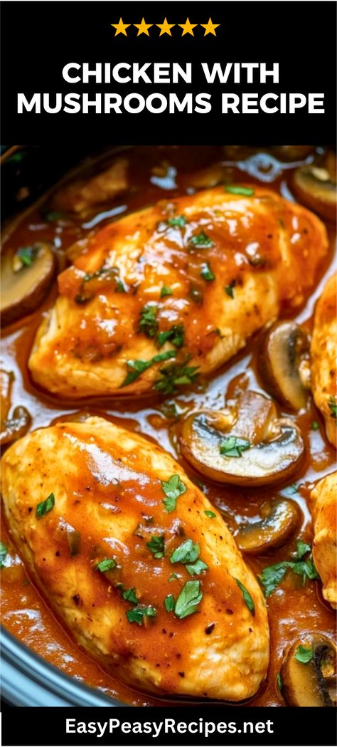 Are you looking for a tasty, cozy meal? Try this Hearty Italian Chicken with Mushrooms! This delicious slow cooker recipe features tender chicken, earthy mushrooms, garlic, and a savory tomato sauce. It’s all about effortlessly creating a comforting dish you can simply set and forget. Plus, it’s great for busy weeknight dinners or a family gathering. Serve it over warm pasta or with fresh bread for a fulfilling experience that has rich flavors wafting through your kitchen all day! This meal is sure to impress! Chicken With Mushrooms And Tomatoes, Chicken With Peppers And Mushrooms, Slow Cooker Chicken And Mushrooms, Crockpot Chicken Mushroom Recipes, Chicken Mushroom Crockpot, Crockpot Chicken And Mushrooms, Italian Slow Cooker Chicken, Slow Cooker Chicken Mushroom, Chicken And Mushroom Recipes