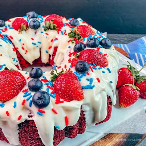 Red Velvet 4th of July Cake - Walking On Sunshine Recipes Cake Mix Homemade, 4th Of July Ideas, Red Velvet Bundt Cake, Blueberries And Strawberries, Patriotic Cake, Fourth Of July Cakes, Homemade Cream Cheese, 4th Of July Cake, Patriotic Food