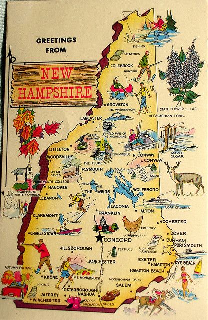 Greetings from New Hampshire map postcard New England States, New England Travel, Awesome Places, Illustrated Map, Travel Maps, State Map, Exeter, England Travel, North Dakota