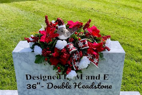 Snowbird in Plaid Hat Christmas Cemetery Saddle, Christmas Cemetery Flowers, Christmas Headstone Saddle Arrangement, Memorial Flowers by DesignedbyMandE on Etsy Christmas Cemetery Flowers, Plaid Hat, Plaid Hats, Memorial Flowers, Cemetery Flowers, People Smile, Leather Leaf, Foam Blocks, Flower Stem