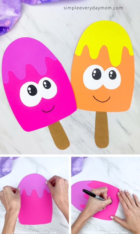 If you need a fun summer craft for kids to make, this popsicle project is great! Download the printable template and make with toddlers, preschoolers and kindergarten children. It's such an easy idea for kids!   #simpleeverydaymom #summercrafts #kidscrafts #craftsforkids #preschool #kindergarten #toddlers Easy Paper Craft For Kindergarten, Kindy Art Ideas, Summer Vacation Crafts For Kids, May Craft Kindergarten, Summer Vacation Activities For Kids, Simple Crafts For Kindergarten, Pre K Activities Crafts Art Projects, Kids Easy Crafts Simple, I For Ice Cream Craft