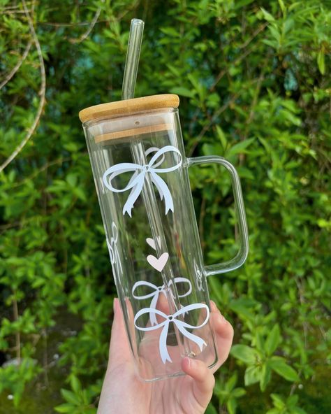 White Bow Square Glass Cup!🎀 #custom #custommade #vinyl #square #glasscup #oregon #portlandoregon #explore #explorepage #sublimation #coquette #bow #hearts #aesthetic #foryou #girly #homemade #smallbiz #smallbusiness Hearts Aesthetic, Instagram White, Glass Straws, Coquette Bow, White Bow, Glass Cup, Square Glass, Oregon, Straw