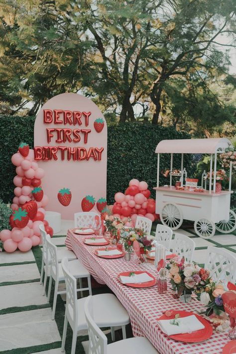 1 - Berry_themed_first_birthday_party 1st Berry Birthday, 1 St Birthday Girl Year Old Ideas, Berries Birthday Theme, 1st Birthday Themes February, Kids First Birthday Party Ideas, First Baby Birthday Ideas, Brunch Anyone First Birthday, 1st Birthday Girl Berry Theme, February First Birthday Themes