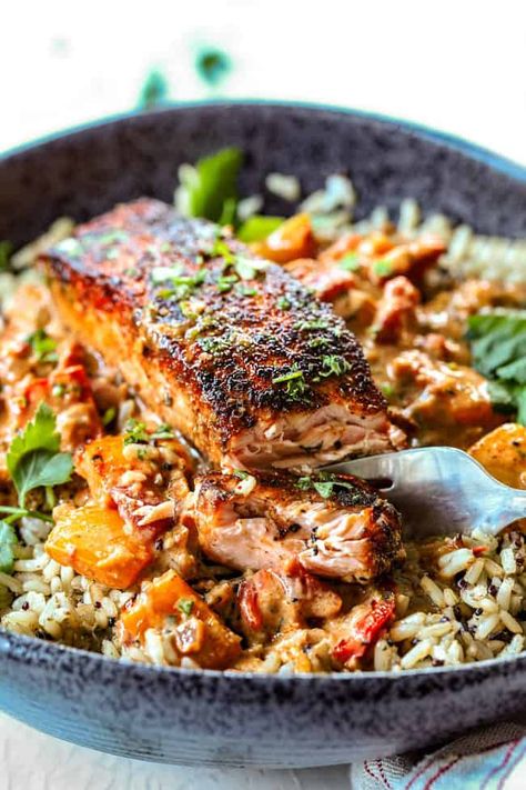 Salmon Blackened, Creamy Cajun Sauce, Salmon Recipe Pan, Salmon Recipes Pan Seared, Cajun Salmon, Cajun Sauce, Blackened Salmon, Carlsbad Cravings, Black Bowl