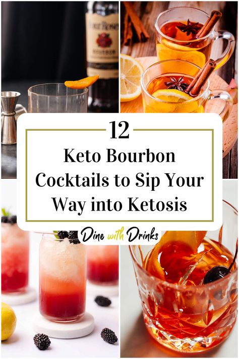 Collage of 4 keto bourbon cocktails. Burbon Drinks, Low Calorie Mixed Drinks, Whiskey Mixed Drinks, Bourbon Drinks Recipes, Whiskey Drinks Recipes, Whiskey Sour Recipe, Bourbon Cocktail Recipe, Brandy Cocktails, Bourbon Recipes