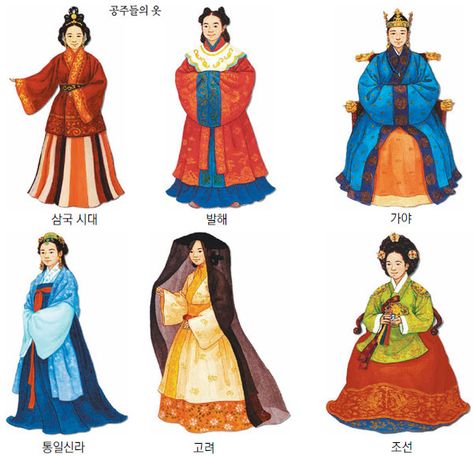 Korean Traditional Clothes.  Top:Three Kindoms of Korea, Balhae, Gaya,  Bottom:Unified Silla, Goryeo, Joseon.  #hanbok Traditional Korean Clothing, Hanbok Traditional, Korean Traditional Clothing, Korean Traditional Dress, Korean History, Korean Hanbok, Asian History, History Fashion, Traditional Korean