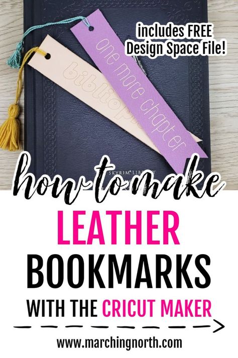 Learn how to make DIY Leather Bookmarks two ways with your Cricut Maker! You'll learn how to use the Engraving Tip with leather and apply HTV on leather. These leather bookmarks make a great DIY gift and are perfect for any book lover in your life. Includes a link to all 5 designs in Design Space. Check it out today! #engravingtip #cricutmaker #cricutmakerleather #diybookmark Leather Cricut, Leather Bookmarks, Tassels Tutorials, Cricut Help, Leather Diy Crafts, Leather Bookmark, Diy Bookmarks, Leather Carving, How To Make Bookmarks