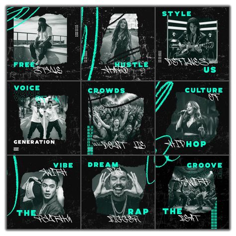 Social media grid for a music and pop label " RapTribe". Band Social Media, Instagram Grid Ideas, Social Media Grid, Instagram Grid Template, Instagram Grid Layout, Instagram Grid Design, Profile Ideas, Instagram Feed Layout, Editorial Board