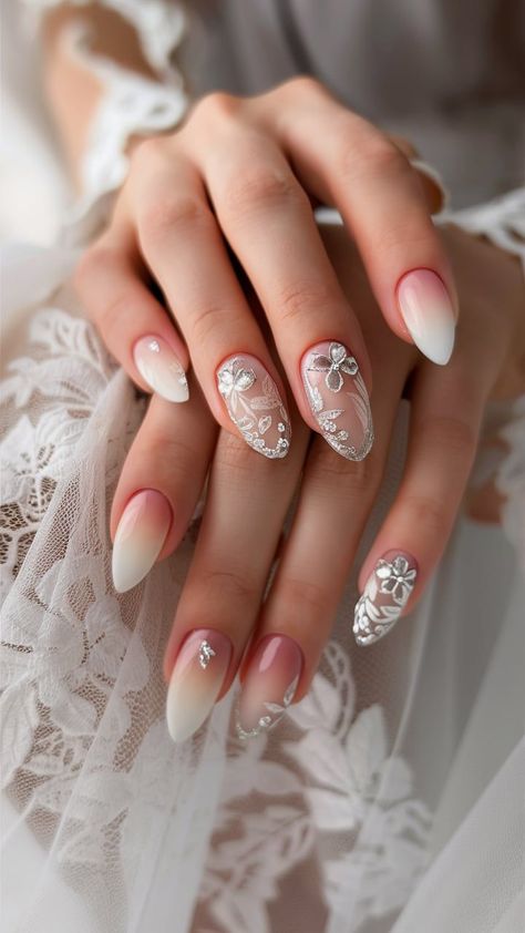 This luxurious Fall Haircut nail design is perfect for brides or anyone seeking a romantic touch. Featuring lace-like patterns and rhinestone embellishments on almond-shaped nails, this manicure adds elegance and charm to your fall look. Pair it with a sophisticated fall haircut for a truly polished appearance. Lace Wedding Nails, Copper Wedding Theme, Fall Haircut, Elegant Wedding Nails, Wedding Nails Ideas, French Designs, Bride And Bridesmaids, Shaped Nails, Fall Hair Cuts