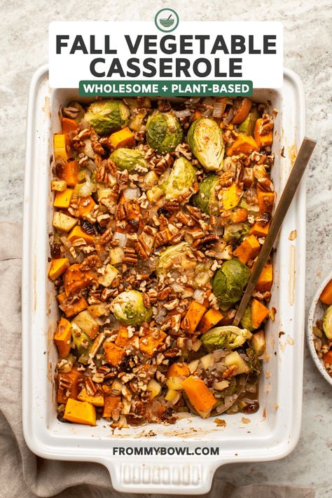 This Roasted Vegetable Casserole is packed with Brussels Sprouts, Butternut Squash, and TONS of Fall Flavor! A delicious Gluten-Free & Vegan side dish. Roasted Vegetable Casserole, Brussel Sprout Casserole, Easy Fall Dinner Recipes, Fall Casseroles, Butternut Squash Casserole, Veggie Salad Recipes, Easy Fall Dinners, Vegetable Casserole Recipes, Vegan Casserole