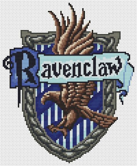 Ravenclaw House Crest cross stitch pattern Ravenclaw Decor, Cross Stitch Harry Potter, Ravenclaw Crest, Geeky Cross Stitch, Harry Potter Crochet, Modele Pixel Art, Harry Potter Hogwarts Houses, Ravenclaw House, Crochet Graph