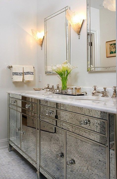 bathroom mirror ideas Antique Mirror Bathroom, Art Deco Bathroom Vanity, Hollywood Regency Bathroom, Interior Design Gallery, Art Deco Bathroom, Chicago Design, Deco Bathroom, Decor Ikea, Estilo Art Deco