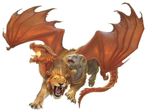 A chimera is a vile combination of goat, lion, and dragon, and features the heads of all three of those creatures. It likes to swoop down from the sky and engulf prey with its fiery breath before landing to attack. Greek Monsters, D D Monsters, Dragons Breath, Dnd Monsters, Fantasy Beasts, Mythical Beast, Fantasy Monster, Mythological Creatures, Creature Design