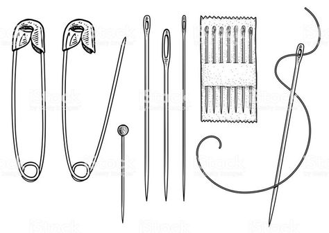 Sewing Tools Drawing, Needle Drawing, Tools Drawing, Technical Drawings, Pins And Needles, Sewing Needle, Sewing Tools, Technical Drawing, Fabric Patterns