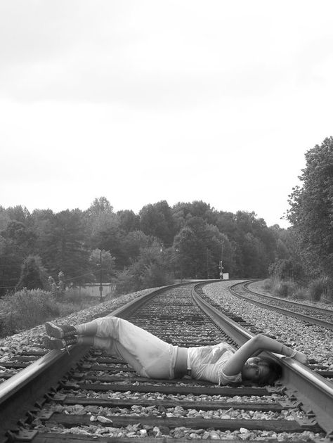 Blonde Underneath Hair, Railroad Photoshoot, Train Tracks Photography, Woman Laying, Summer Photoshoot, In Distress, Business Venture, Black N White Images, Train Tracks