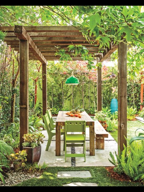 Pergola from TOH Magazine Backyard Dining, Pergola Swing, Sycamore Tree, Pergola Design, Wooden Pergola, Backyard Pergola, Outdoor Room, Outdoor Pendant Lighting, Pergola Kits