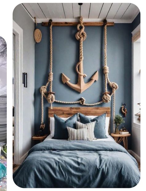 Coastal Rustic Bedroom, Sea Theme Room Decor Ideas, Sea Room Decor, Nautical Bedroom Ideas, Sea Themed Room, Ocean Inspired Bedroom, Greek Bedroom, Nautical Theme Room, Nautical Themed Bedroom