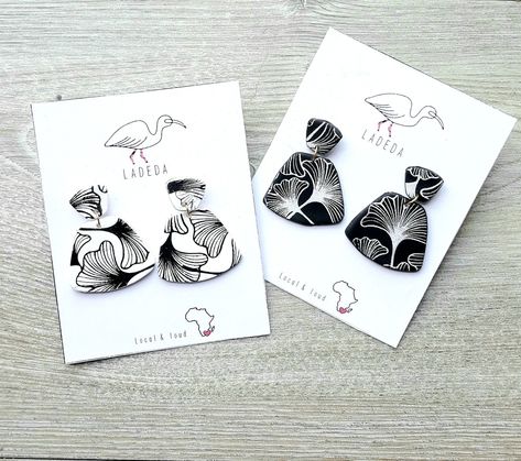 Silk Screen Clay Earrings, Polymer Clay Earrings Black And White, Silk Screen Polymer Clay Earrings, Polymer Clay Silk Screen, Ceramic Accessory, Polymer Clay Flower Jewelry, Diy Earrings Polymer Clay, Plant Jewelry, Broken China Jewelry