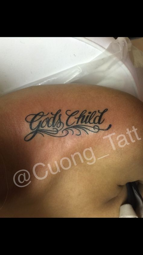 "God Child" fine line lettering Tattoo! Faith In God Tattoo Ideas, Neckline Tattoo Women, God Got Me Tattoo, Gods Favourite Tattoo, Gods Child Tattoo, God Tattoos For Women Half Sleeves, Trust God Tattoo, Child Of God Tattoo, Gods Plan Tattoo