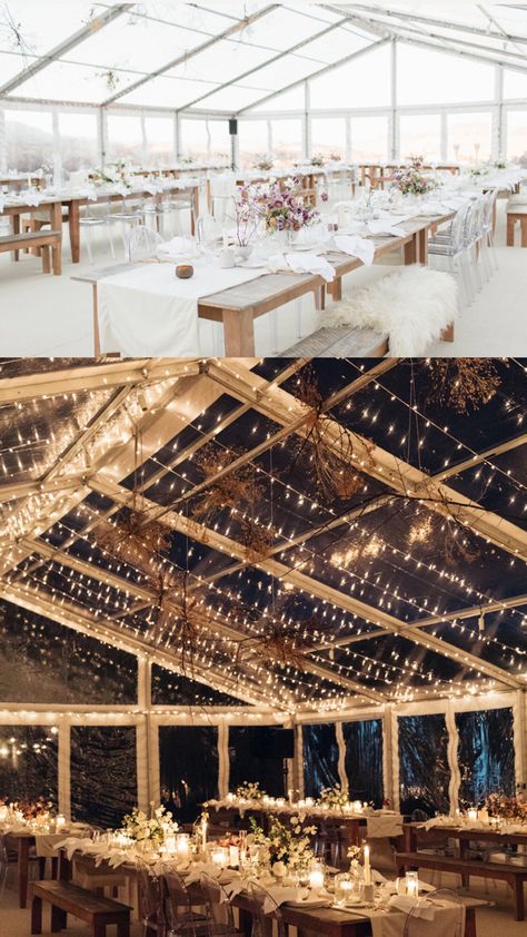 Clear Gazebo Wedding, Winter Tent Wedding Reception, Clear Top Tent Wedding, Restaurant Tent, Rooftop Restaurant Design, Tent Wedding Reception, Winter Tent, Winter Wedding Venues, Night Time Wedding