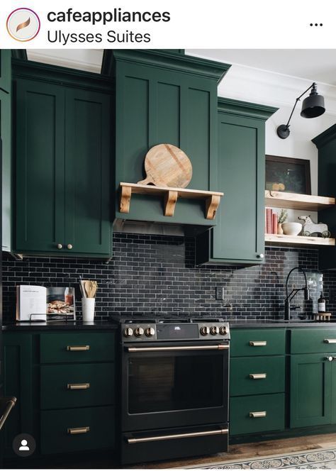 Dark Green Kitchen, Green Kitchen Cabinets, Green Cabinets, Kitchen Inspiration Design, Kitchen Redo, Green Kitchen, Updated Kitchen, Black Kitchens, Kitchen Style