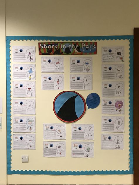 Shark in the park sentence construction display Shark In The Park Activities, Shark In The Park Activities Eyfs, Shark In The Park, Year 2 Classroom, Shark Activities, Park Activities, Sentence Construction, English Books, Classroom Displays