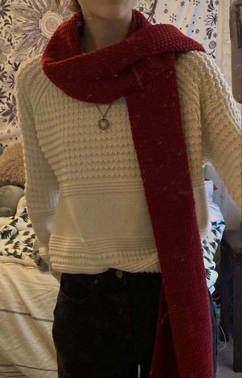 Dark Red Winter Aesthetic, Heart Locket Outfit, Autumn Red Outfit, Winter Outfits Aesthetic Christmas, Red Winter Outfits Aesthetic, Christmas Outfit Ideas Aesthetic, Red Scarf Outfit Aesthetic, Red Academia Aesthetic Outfits, Cherry Red Fall Outfit