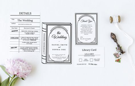 Book Themed Bridesmaid Proposal, Book Invitations, Story Book Wedding Invitations, Book Themed Wedding Invitations, Book Lovers Wedding, Book Wedding Invitations, Book Themed Wedding, Storybook Wedding, Library Wedding