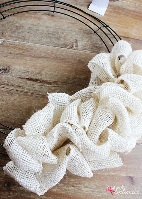 DIY Burlap Wreath Tutorial at Positively Splendid Diy Burlap Wreath Tutorial, Green Burlap Wreath, Diy Burlap Wreath, Burlap Wreath Tutorial, Deco Mesh Wreaths Tutorials, Burlap Wreath Diy, Mesh Wreath Tutorial, Easy Diy Wreaths, Burlap Christmas Wreath