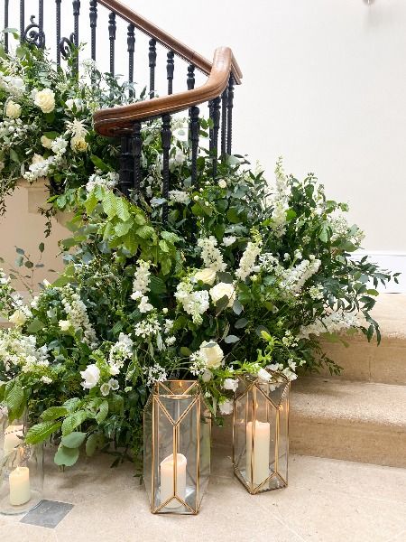 Green Theme Wedding | Green and White Flowers | Wedding Favours | Manor Wedding Inspo | Old Down Manor | Bristol | UK Wedding Venue Green Theme Wedding, Staircase Luxury, Floral Staircase, Sweeping Staircase, White Flowers Wedding, Green Wedding Inspiration, Wedding Venues Uk, Green Themed Wedding, November Wedding