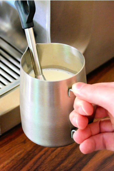 milk steaming wand with a milk pitcher underneath filled with milk foam Coffee Machine Recipes, Frother Recipes, Breville Barista Touch, How To Steam Milk, Steamed Milk At Home, Latte Art Tutorial, Diy Coffee Drinks, Steam Milk, How To Make Foam