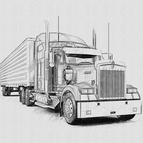 Tractor Trailer Drawing, Trailer Tattoo, Tractor Drawing, Truck Tattoo, Tractor Trailer Truck, Bike Tattoos, Ancient Tattoo, Bike Illustration, Cool Car Drawings