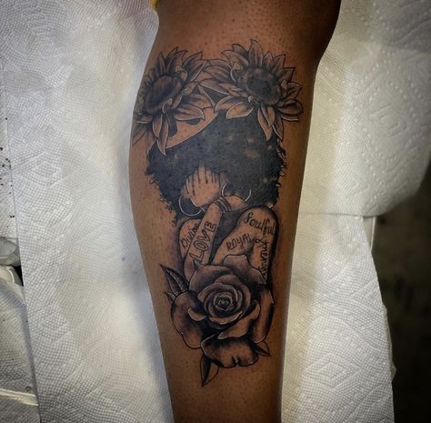 Afro Lady Tattoo, Sunflower Tattoo On Black Women, Black Queen Tattoo For Women, Black Woman Tattoo Design, I Am Tattoos For Black Women, Afro Tattoo Ink Black Women, Dark Skin Tattoos Women, Black Woman Tattoo Ideas, Black Culture Tattoos For Women