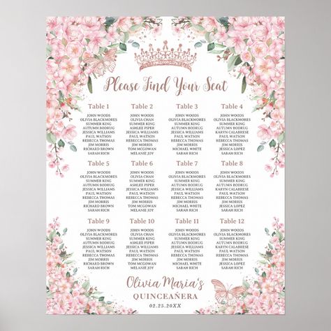 Cherry Blossom Quince, Floral Seating Chart, Party Budget, Gold Quinceanera, Rose Gold Quinceanera, Menu Poster, Seating Chart Sign, Rose Gold Butterfly, Sakura Flowers