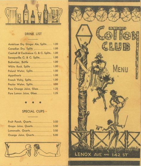 The Cotton Club, Ethel Waters, Chicago Poster, American Athletes, Drink List, Vintage Menu, Dry Ginger, Cotton Club, Jack Johnson