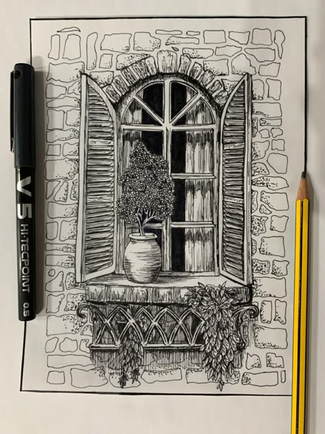 Pen Art Scenery, Sceneries Drawing, Fineliner Art Illustration, Scenery Sketch, Drawing With Pen, Fineliner Art, Pen Sketches, Pen Art Work, Modern Art Canvas Painting