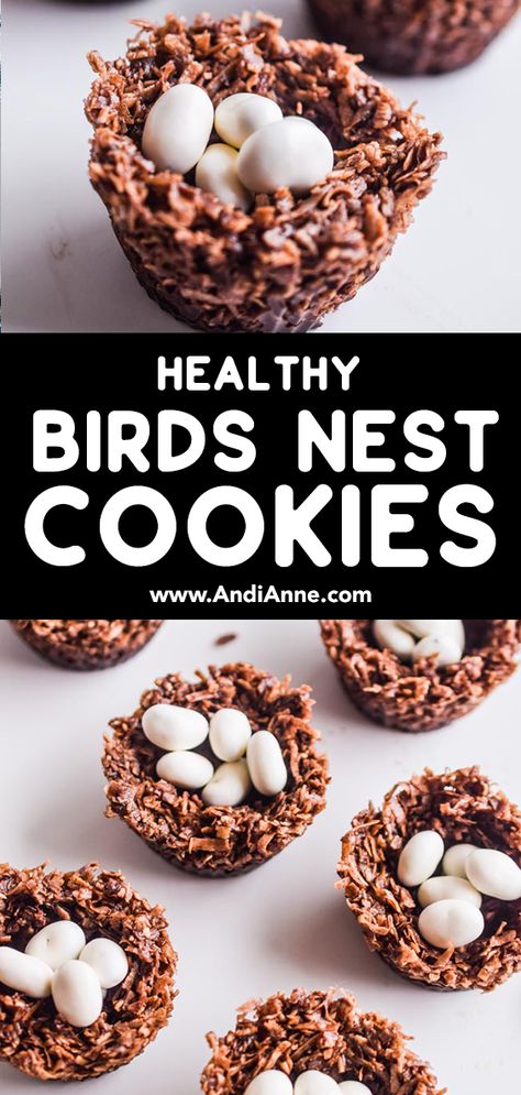 No bake birds nest cookies are healthy, delicious and made with only five ingredients. This recipe uses shredded coconut, cacao powder, coconut oil, maple syrup and yogurt covered raisins. Everything can be put together in less than 10 minutes. Kids will love this delicious cookie. Perfect for Spring and Easter treats! Coconut Birds Nest Recipe, Bird Theme Food, Easter Birds Nest Treats, Chocolate Birds Nest Recipe, Easter Nest Treats, Bird Nest Cookies, Easter Nests Recipe, Playful Pioneers, Birds Nests Recipe