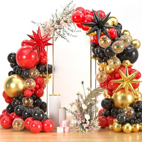 PRICES MAY VARY. [Red Black Gold Balloons Arch Kit]:Package includes 3pcs explosion star foil balloons, 66pcs black balloons, 42pcs metallic gold balloons, 66pcs red balloons,10pcs gold confetti balloons, 4pcs balloon arch tools. Great to make gorgeous balloon garland for indoor or outdoor use. [Attractive Appearance] This gold red black balloon arch with golden starburst foil balloons to add fun and create a wonderful party atmosphere. The gold balloon has a metallic texture, combine with red a New Years Party Decorations, Hollywood Decorations, Red Carpet Decorations, Black And Gold Party Decorations, Silver Party Decorations, Gala Decorations, Balloons Arch, Black And Gold Balloons, Disco Party Decorations