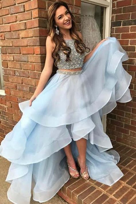 Prom Slay, Dogs Aesthetic, Prom Dresses Sparkly, High Low Prom Dress, Light Blue Prom Dress, High Low Prom Dresses, Blue Two Piece, Prom Dresses Sleeveless, Prom Dresses For Teens