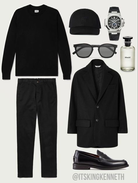 Mens Black Loafers Outfit Casual, Black Outfits Old Money, Classic Style Man Outfit, Old Money Black Men Outfit, Old Money Black Outfit Men, Old Money Outfits Men Black, Black Old Money Outfits, Smart Casual Outfit For Men, Old Money Black Outfit