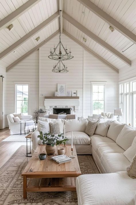 Boho Farmhouse Living Room, Farmhouse Living Room Ideas, Vaulted Ceiling Living Room, Living Room Decor Country, Modern Farmhouse Living, Earthy Hues, Farmhouse Living Room, Beach House Interior, Country Living Room