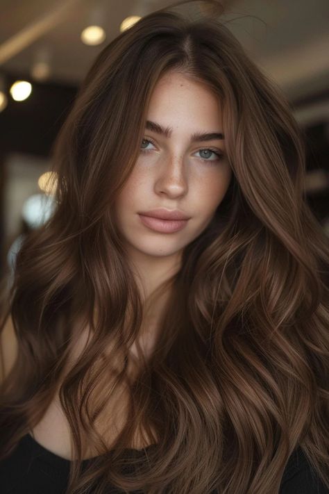 Woman with long, wavy brown hair and blue eyes looking directly at the camera. Level 6 Chocolate Brown Hair, Brown Hair For Hazel Eyes Fair Skin, Shiny Chocolate Brown Hair, Different Shades Of Dark Brown Hair, Chestnut Vs Chocolate Brown Hair, Medium Brown Hair Pale Skin, Honey Chocolate Brown Hair, Brown Hair Color For Pale Skin, Chocolate Brown Hair With Extensions