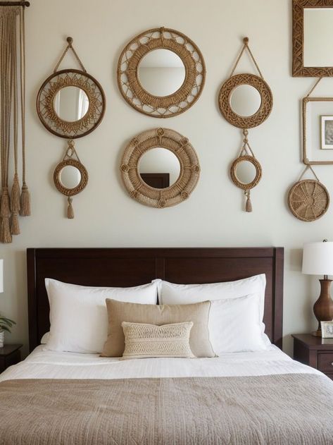 Create a stunning accent wall by using decorative frames in various shapes and sizes. Incorporate popular items such as macrame wall hangings or vintage mirrors to add personality and charm to your bedroom. Decorative Frames, Macrame Wall Hangings, Vintage Mirrors, Add Personality, Frame Decor, Popular Items, Macrame Wall, Macrame Wall Hanging, Wall Hangings