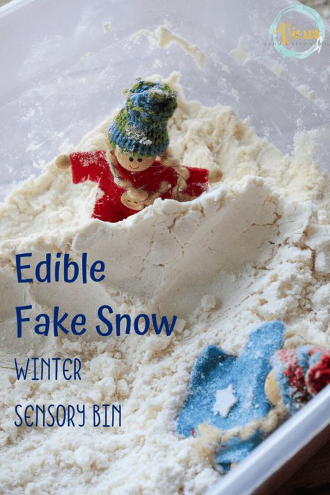 This combination of flour and oil makes edible fake snow that kids will love to play in and mold. What a great base for a Winter sensory bin for little ones #ediblefakesnow #fakesnowsensorybin #wintersensorybin #winteractivitiesforkids #kidsactivities Snow Sensory Bin Toddlers, Sensory Bins For January, One Year Old Winter Crafts, Edible Fake Snow Recipe, Taste Safe Fake Snow, Sensory Bin Snow, How To Make Edible Snow, Edible Snow For Toddlers, Snowman Eyfs Activities